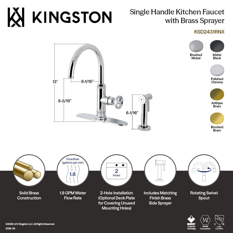 Robinet de cuisine à fixation sur comptoir à poignée simple Kingston Brass, Laiton brossé