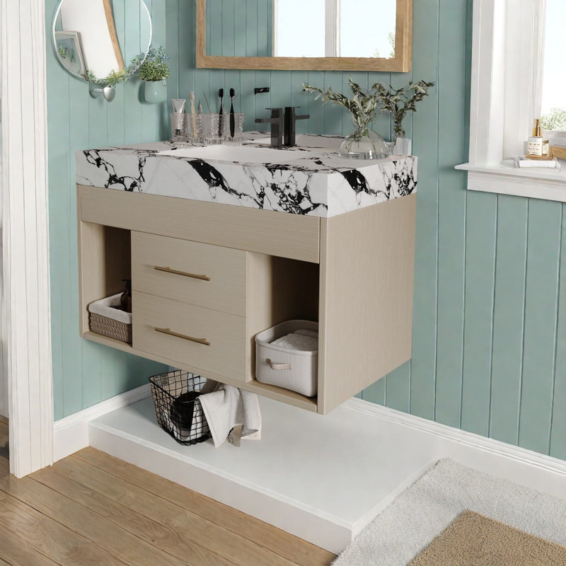 Meuble-lavabo moderne peu encombrant avec lavabo en céramique et rangement pour les petites salles de bain
