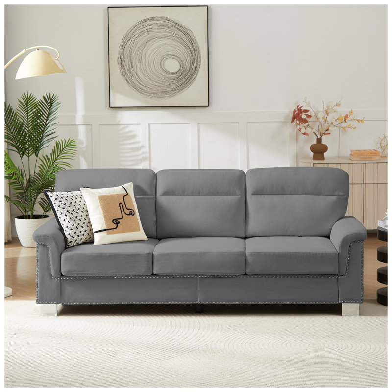 Canapé 82 po avec accoudoirs roulés et garniture cloutée gris 82 po, Gris
