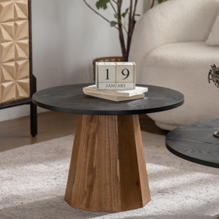 Round Coffee Table For Living Room, Modern Wood End Table, Easy Assemble Mid-Century Drum Coffee Table With Sturdy Pedestal,Walnut And Black