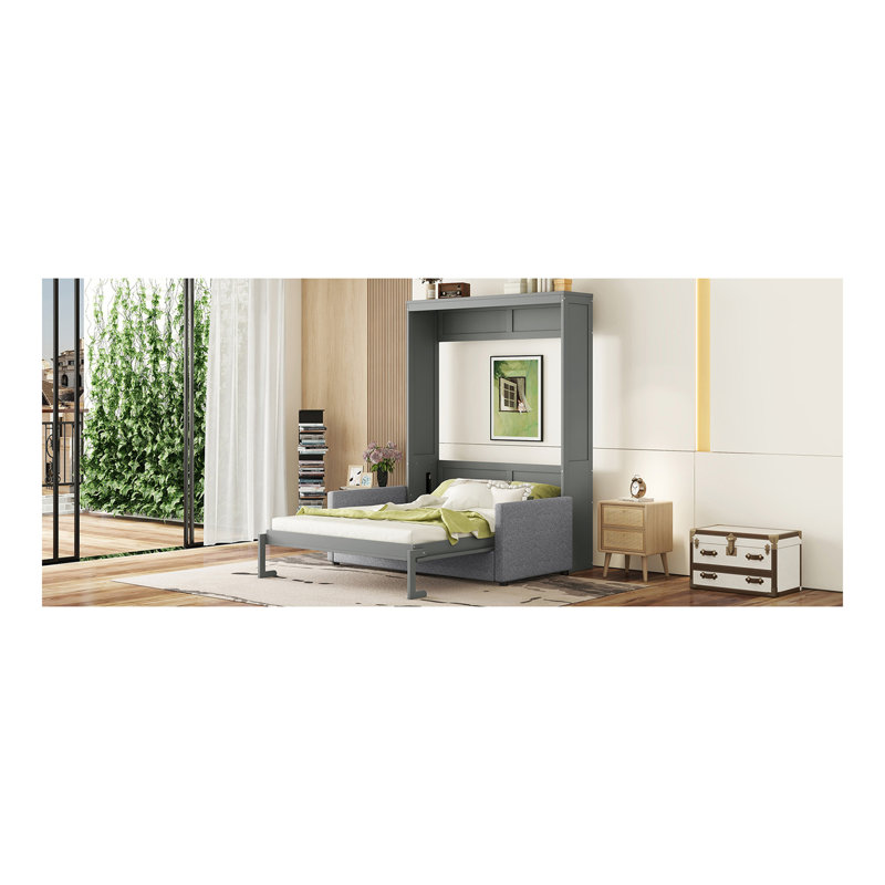 Grand lit escamotable mural avec coussin, gris