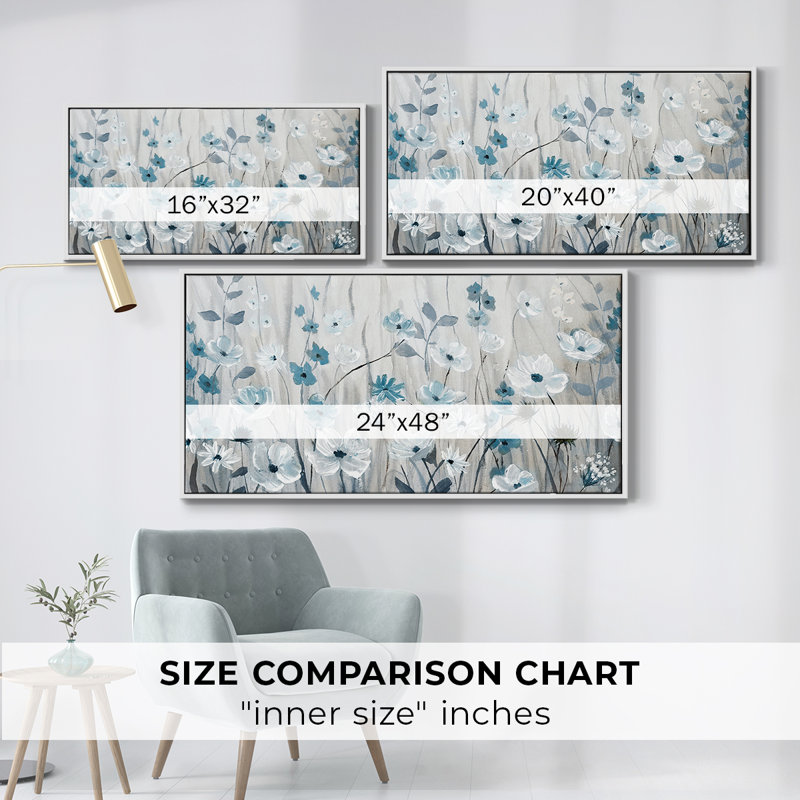 «Blue Meadow Field», toile tendue avec châssis encadré, prête à être accrochée, H 25 po x l 49 po, Blanc