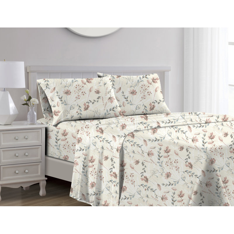 100% Cotton Floral Sheet Set, Queen Sheet Set+Fitted Sheet+2 Pillowcases