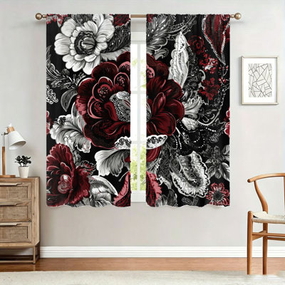 2 pièces de rideaux à motif floral rétro, tissu filtrant la lumière, imprimé foncé dramatique, conception à passe-tringle, protection de la vie privée pour le salon, la chambre à coucher, le balcon, la cuisine