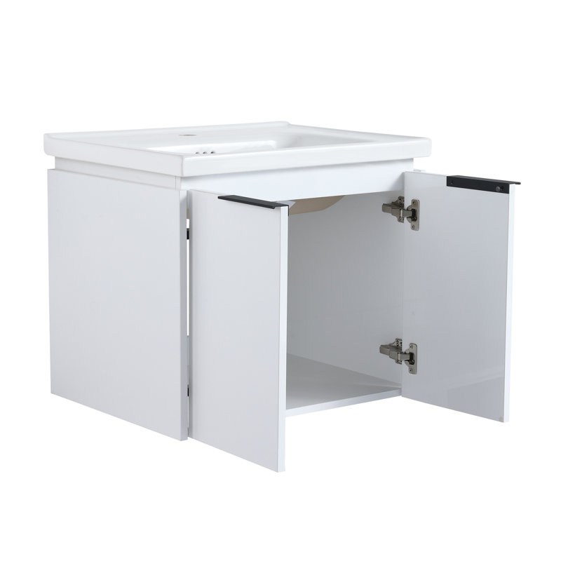 Meuble-lavabo luxueux avec portes et évier à fermeture en douceur, avec une petite tablette de rangement pour plus de commodité.