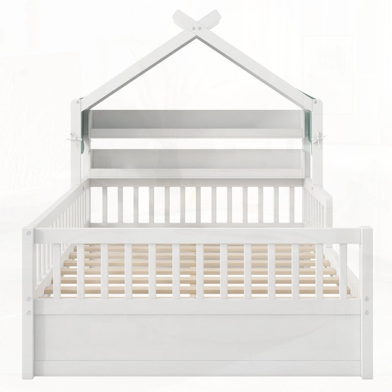 Lit en bois avec tablette de tête de lit, Blanc, Lit double