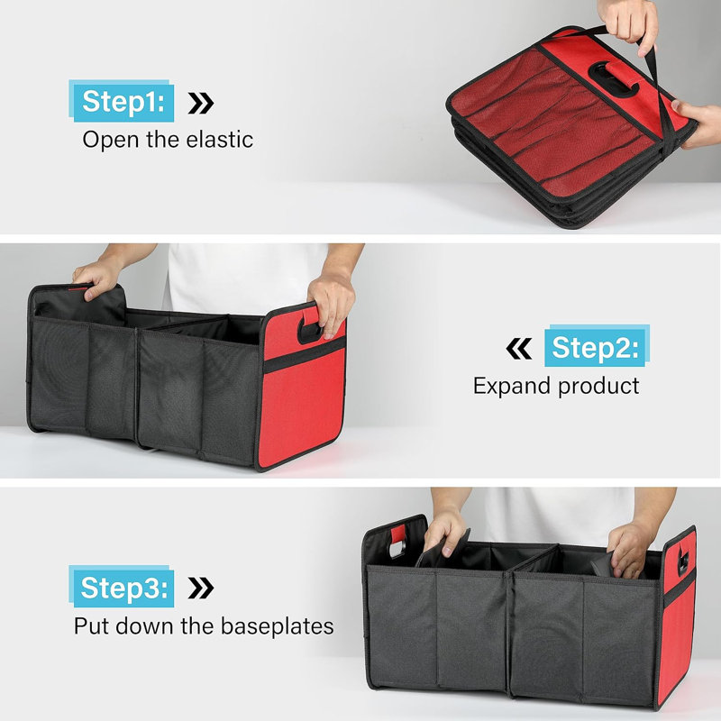 Organisateur de coffre pour voiture, rangement de voiture pliable à 2 compartiments de 50 L, antidérapant et imperméable pour les voyages, noir / gris vert / gris / rouge