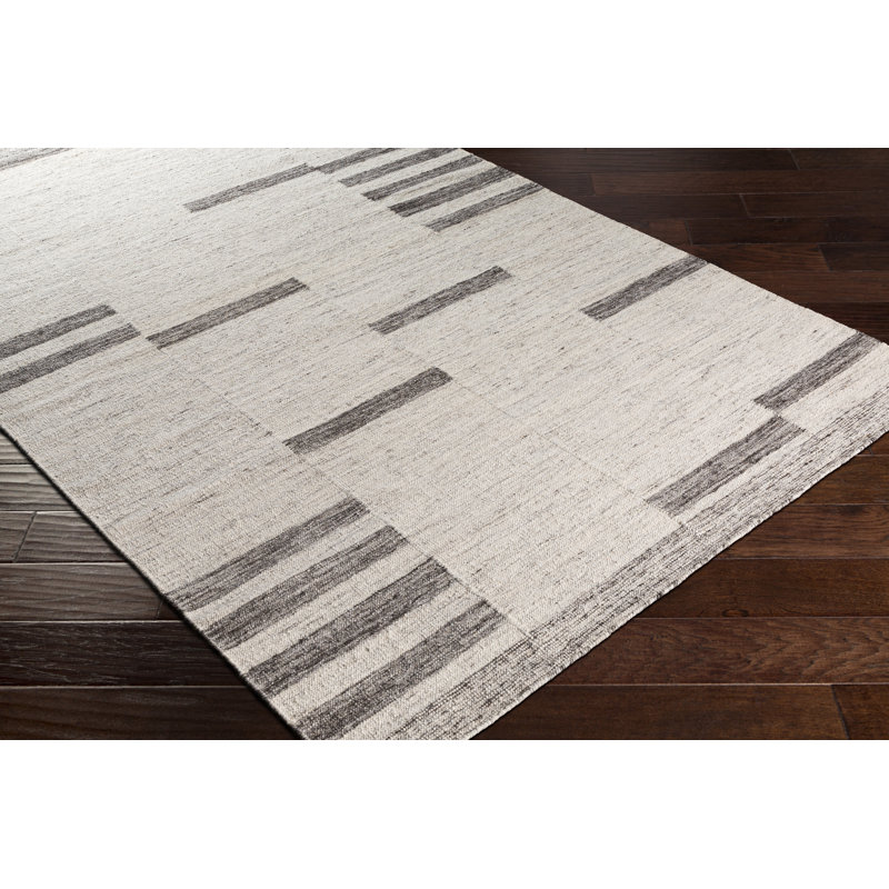 Tapis rayé ivoire / gris anthracite en laine tissé à plat à la main, Rectangle 2 pi x 3 pi