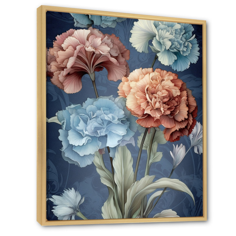 «Coral Blue Carnations Harmony II», reproduction sur toile, H 32 po x l 24 po, Cadre naturel flottant