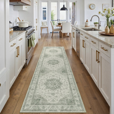 Stella Machine Washable Oriental Light Green Area Rug