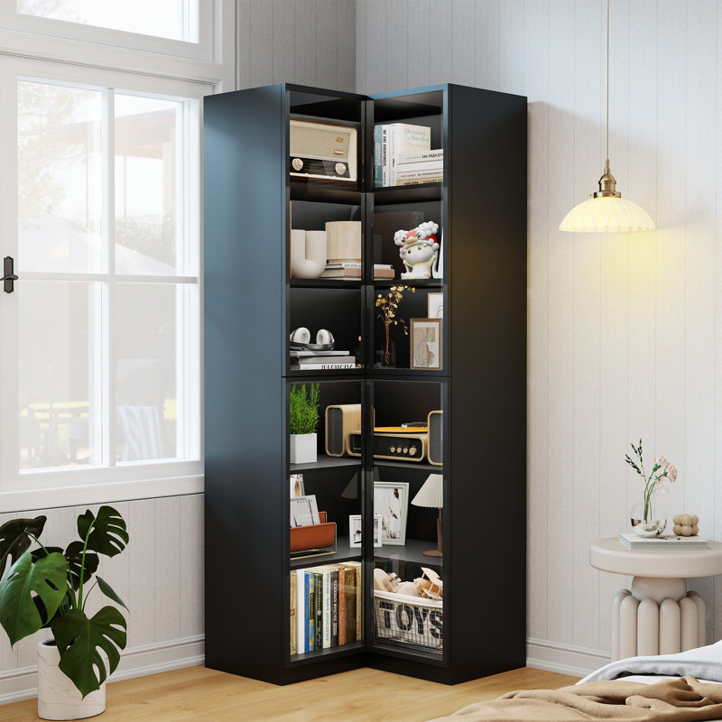 Vitrine d'angle avec portes en verre, vitrine lumineuse 79 "avec 7 lumières colorées pour objets de collection pour le salon