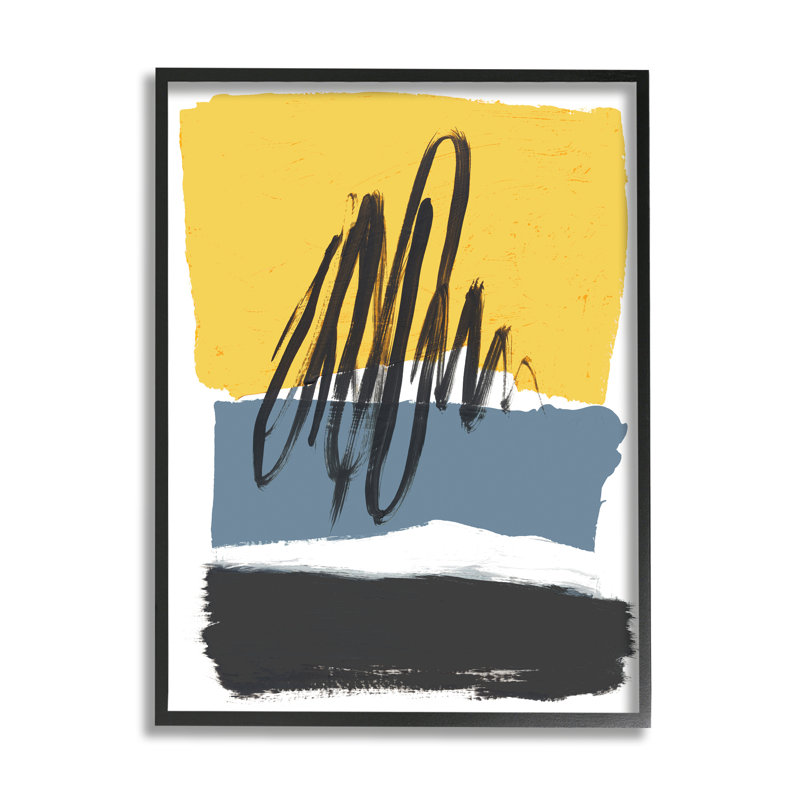 Motif abstrait sur des formes vibrantes jaune bleu, H 14 po x l 11 po, Giclée encadrée noir minuit