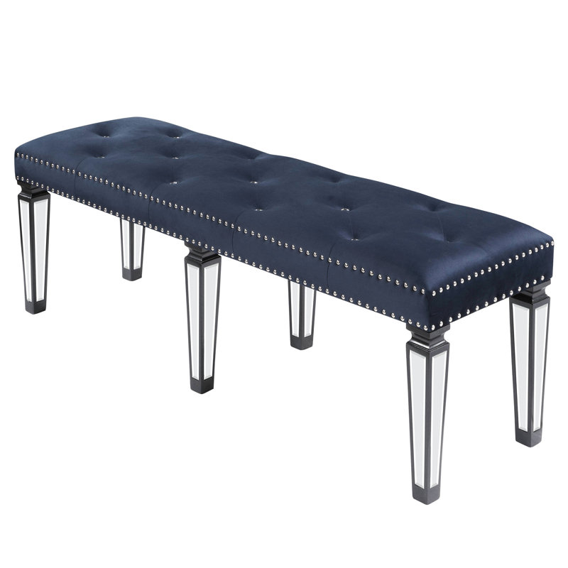 Dark Navy Velvet Bench With Mirrored Leg Inlays For Bedroom Grace And Allure Intrigue