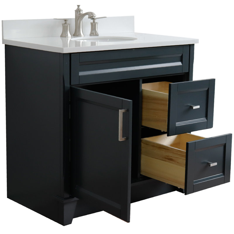 Amedea 37'' Single Bathroom Vanity with Top, Dark Gray, White Quartz