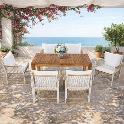 7 - Piece Outdoor Patio Wooden Dining Table Set, 1 Rectangular Table with 6 Rattan Chairs