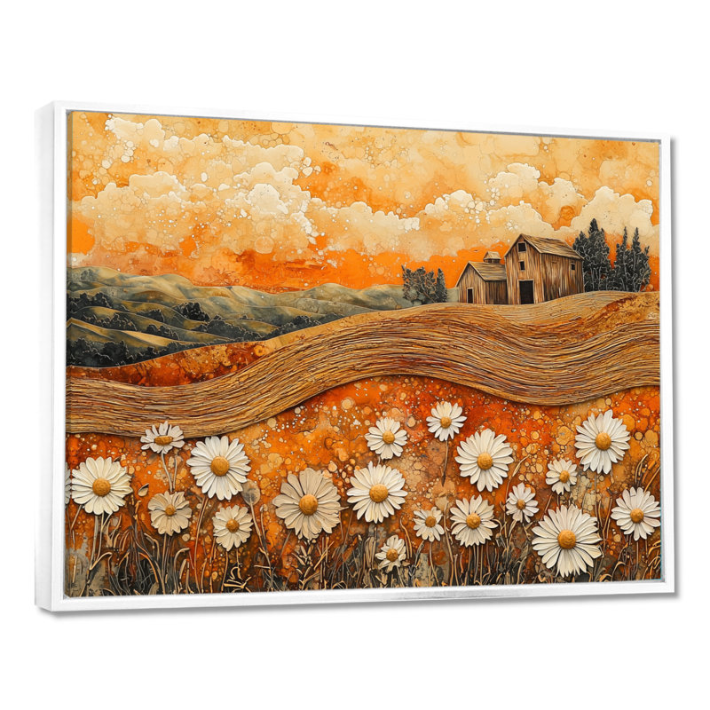 Marguerites fleurs grange audacieux paysage II - marguerites Art mural, H 24 po x l 32 po, Floater Framed, Blanc