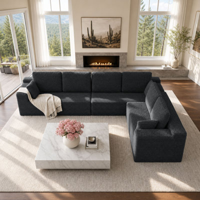 Cloud Modular Sectional Couch for Living Room, Large L-Shaped Floor Sofa Set with 6 Pillows, 140x106 Comfy Corduroy Fluffy Deep-Seat Sofa, No Assembly Required (Gray-Right)