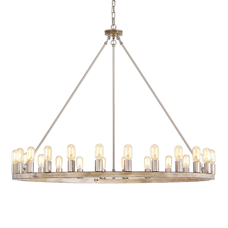 Hempy 24 - Light Dimmable Wheel Chandelier, Wood/Nickel