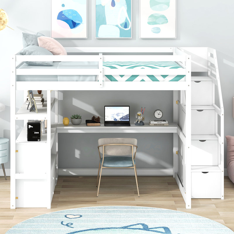 Lit mezzanine double avec bureau et tablettes, deux tiroirs intégrés, escalier de rangement, blanc