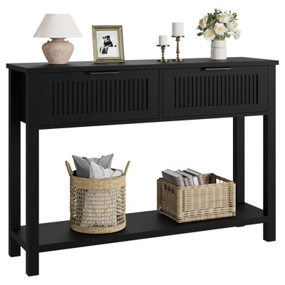 Farmhouse 43 Inch Wood Fluted Console Table with 2 Drawers – Narrow Entryway Table with Storage Shelf for Living Room, Foyer, Hallway