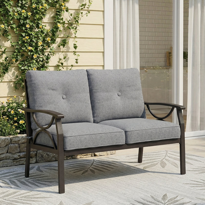 Outdoor Metal Loveseat with Soft Cushions, Coffee Frame/Gray Cushion