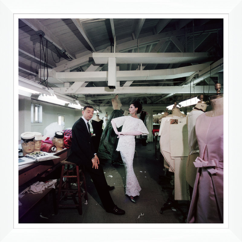 Galanos And Dovima Print by Slim Aarons, White Single Picture Framed, 36" H x 36" W x 1.5" D