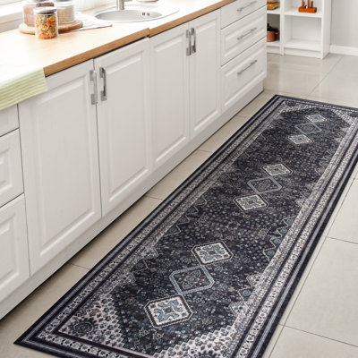 Dalyan Geometric Medallions Machine-Washable Navy/Light Grey Rug