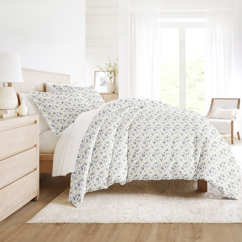 Duvet Cover Set Patterned Microfiber Ultra Soft Bedding in Blossoms, Queen Duvet Cover + 2 Standard Shams, Blue