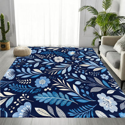 Tapis à motif floral, motif botanique blanc bleu, tapis de protection antidérapant, décoration intérieure élégante pour salon, chambre à coucher, entrée, cuisine, appartement