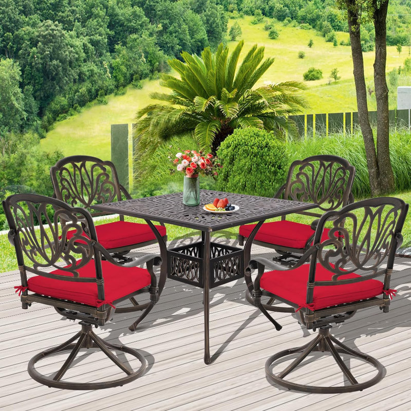 Aschton 4 - Person Patio Dining Set with Square Table , Cushions Included, Red