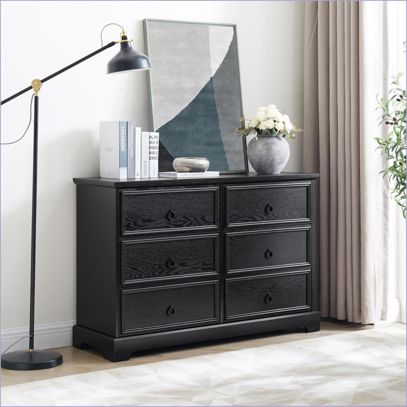6-Drawer Dresser Chest, Modern Farmhouse Black Wooden Storage (47"W x 31"H) | MDF | Bedroom, Black
