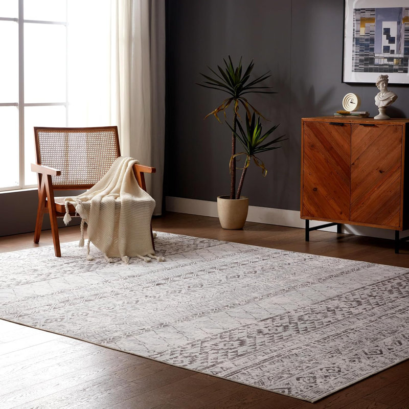  8x10 Area Rug for Bedroom, Washable Area Rug Non Slip Carpet for Livingroom, Boho Vintage Low Pile Water Resistant Rugs Indoor, Grey Farmhouse