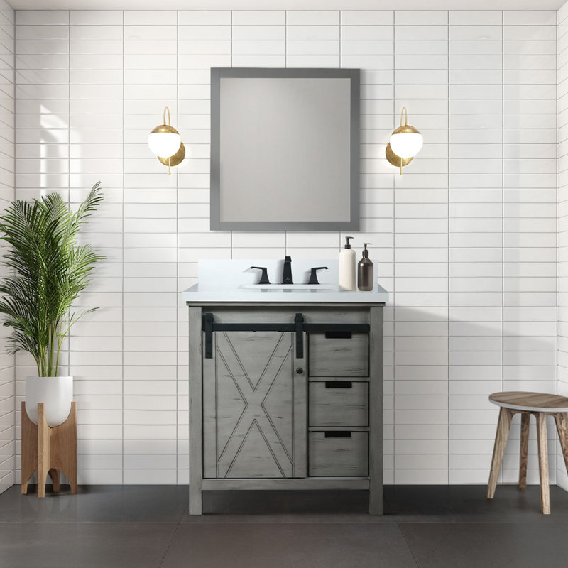 Ensemble de meuble-lavabo l 30 po x P 22 po Marsyas, robinet et miroir 28 po, Brun, Marbre de culture blanc