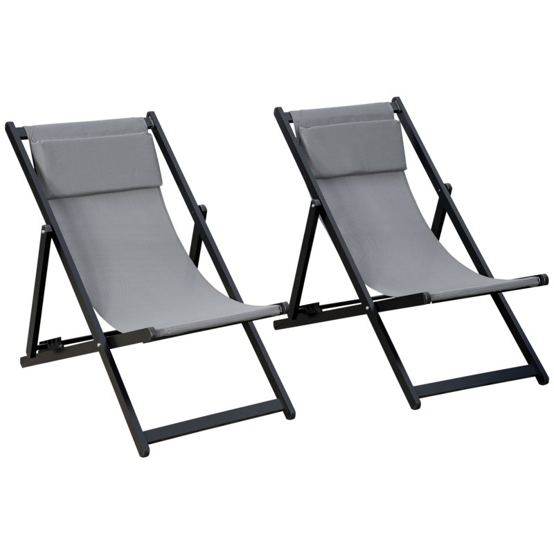 Louene Folding Garden Beach Aluminium Frame Deck Chairs Set of 2 Grey