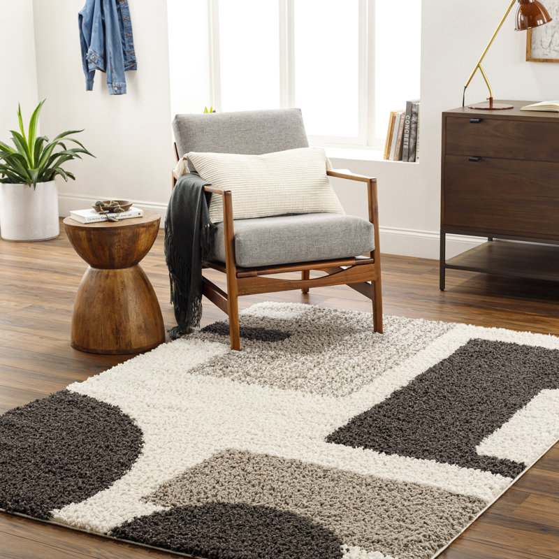 Rectangle Hrusto Machine Woven Polyester Area Rug in Gray/White, Rectangle 5'3" x 7'