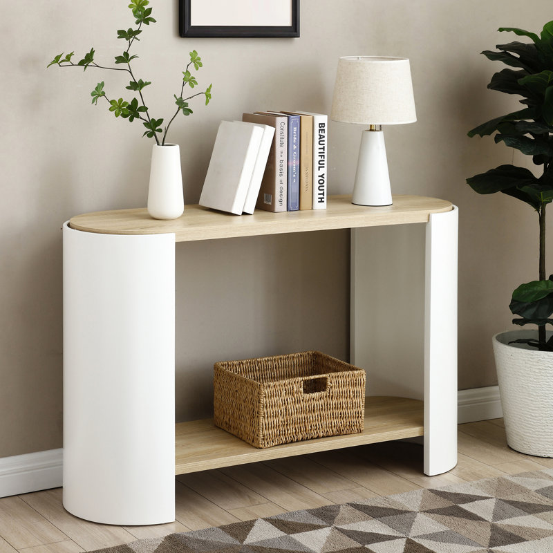 Table de bout ovale avec tablettes à 2 couches, cadre blanc et naturel, structure stable, mobilier de bureau de salon facile à assembler, rangement du café solide, installation rapide
