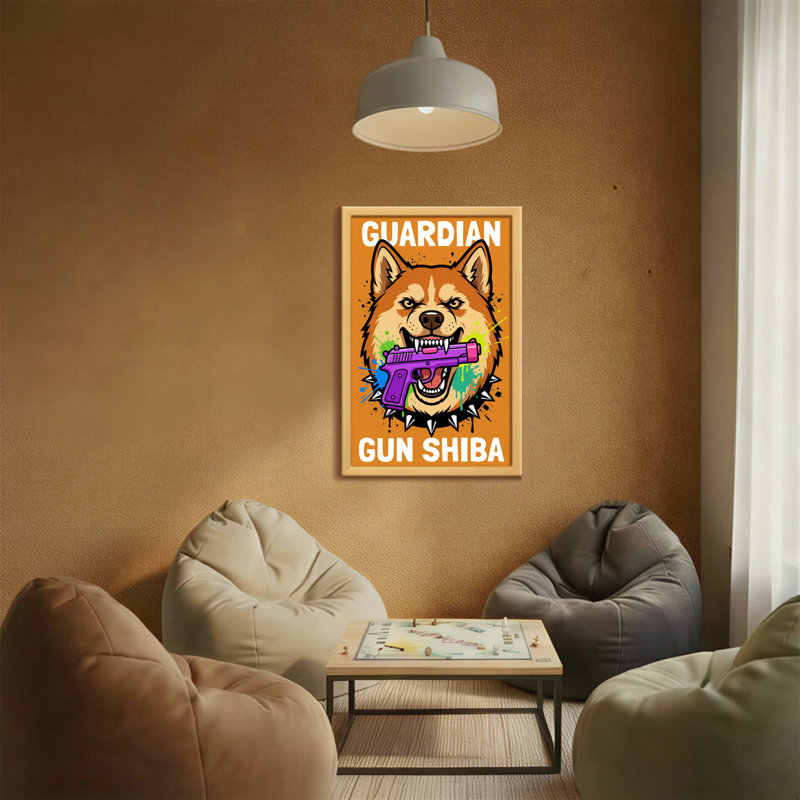 Chien Shiba avec pistolet mauve, H 24 po x l 16 po