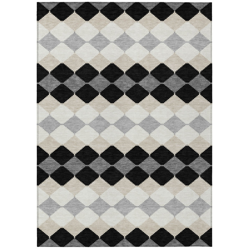 3' X 5' Black Ivory And Beige Geometric Washable Indoor Outdoor Area Rug