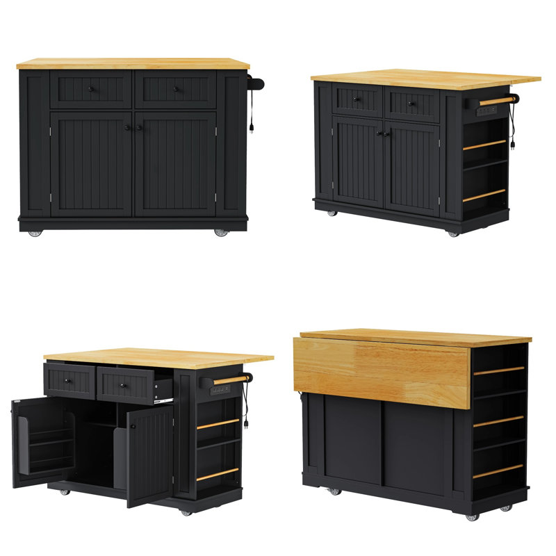 Drop-Leaf + Crushed-Diamond Edge, Built-In 3-AC/2-USB Power, 2 Barn-Door Cabinets w/ Adjustable Shelves, Bamboo Spice Racks, 5 Hidden Wheels, 440 lb Top