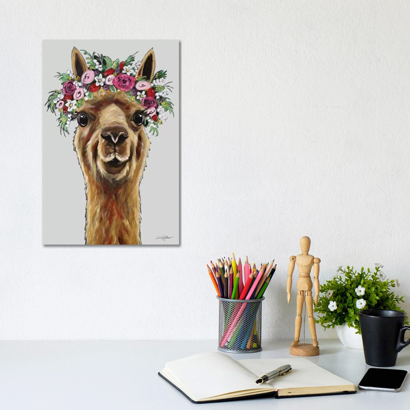 Fiona The Alpaca With Flower Crown On Gray by Hippie Hound Studios - Wrapped Canvas Print, 20.32 cm H x 30.48 cm W