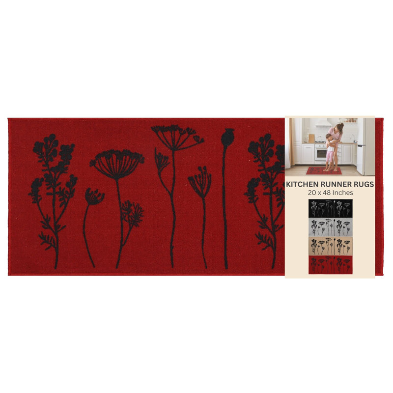 Wildflowers Long Runner Kitchen Mat, Red/Black