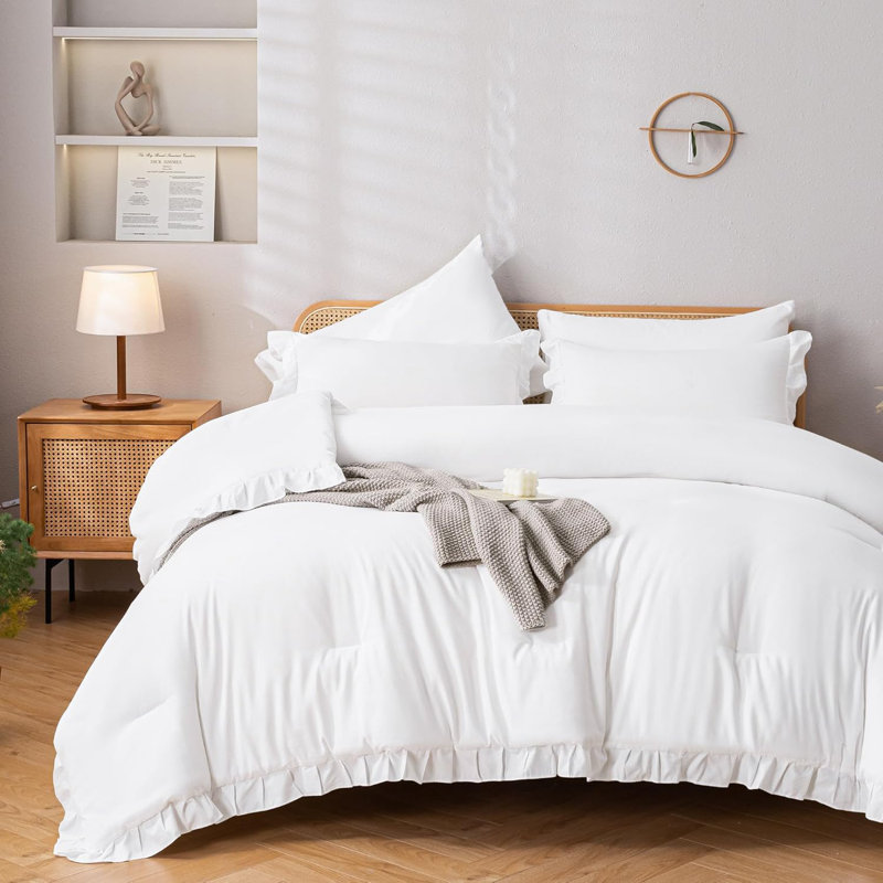 Ensemble d'édredon 3 pièces Ruffle, Blanc, Édredon grand + 2 taies d'oreiller standard
