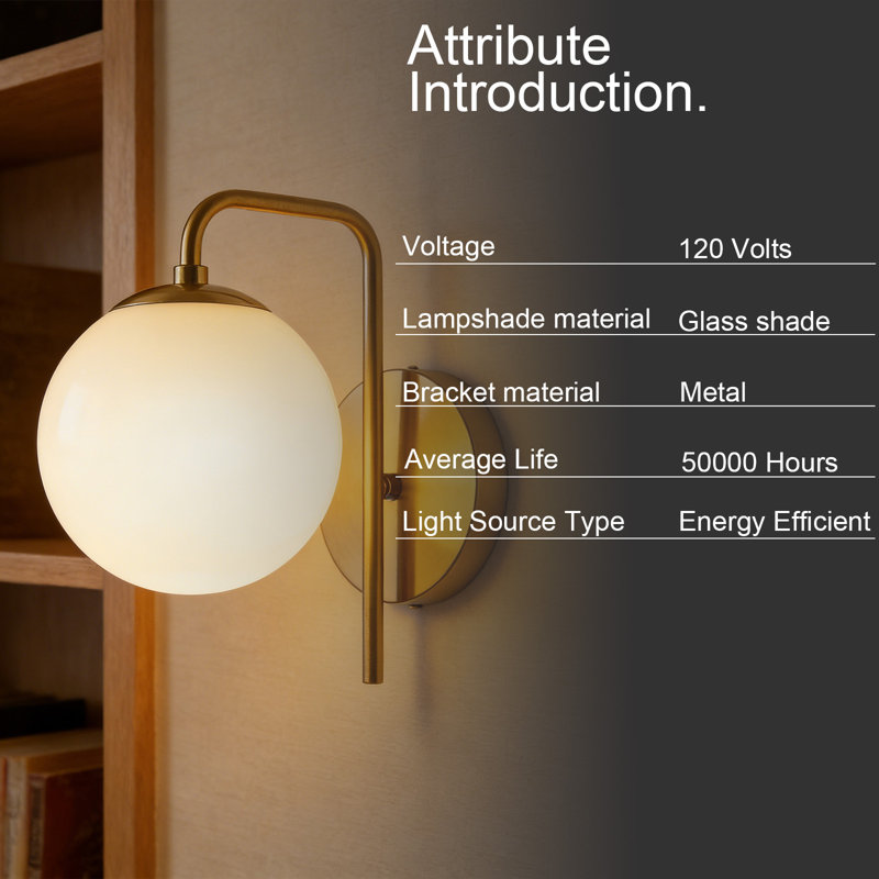 Set of 2 Milk Glass Globe Wall Sconces, Modern Gold Vanity Wall Light with Curved Arm, Hardwired E26 Wall Lighting for Bathroom, Bedroom and Hallway