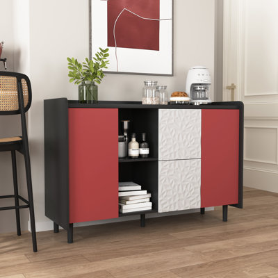 Buffet noir avec portes rouges, 2 tiroirs et rangement ouvert - Armoire d'appoint moderne pour la cuisine ou la salle à manger