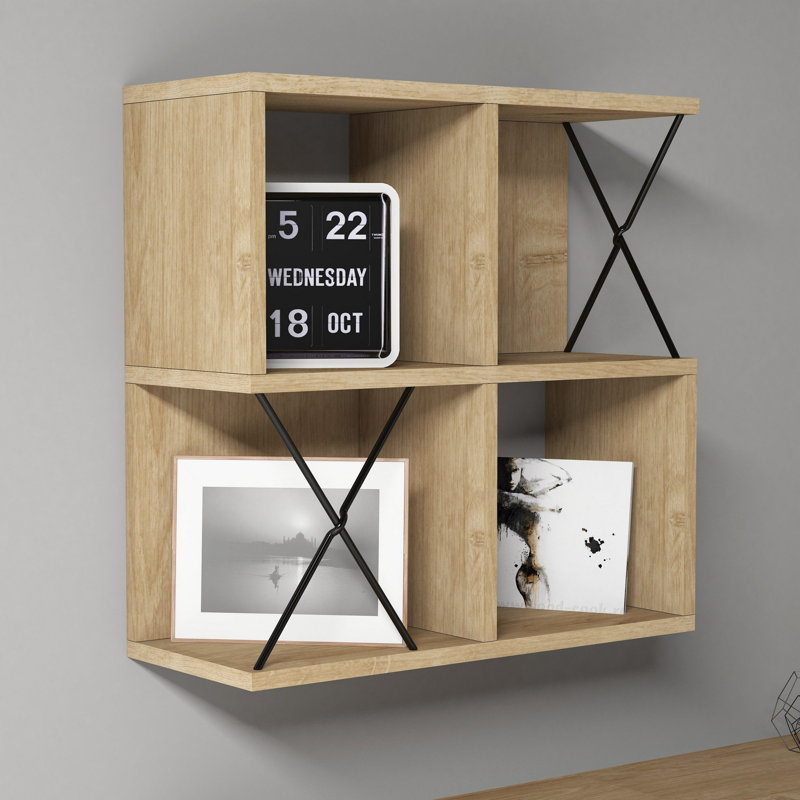 Chetna 4 Piece Square Cube Shelf, Oak/Black