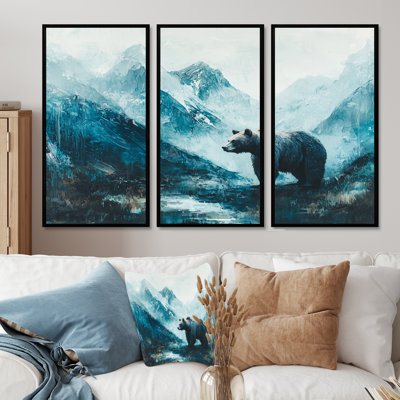 Bear In The Mountain Valley I - Bear Wall Art For Living Room - Set Of 3