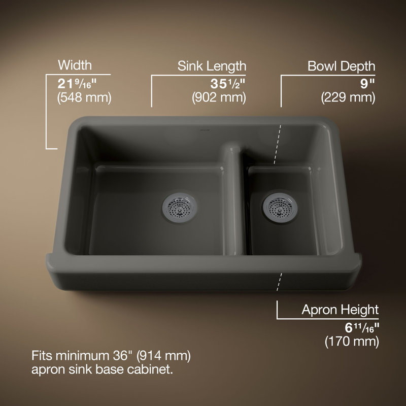 Évier de cuisine à double cuve à tablier frontal de style campagnard L 36 po x l 22 po Whitehaven®, Gris tonnerre