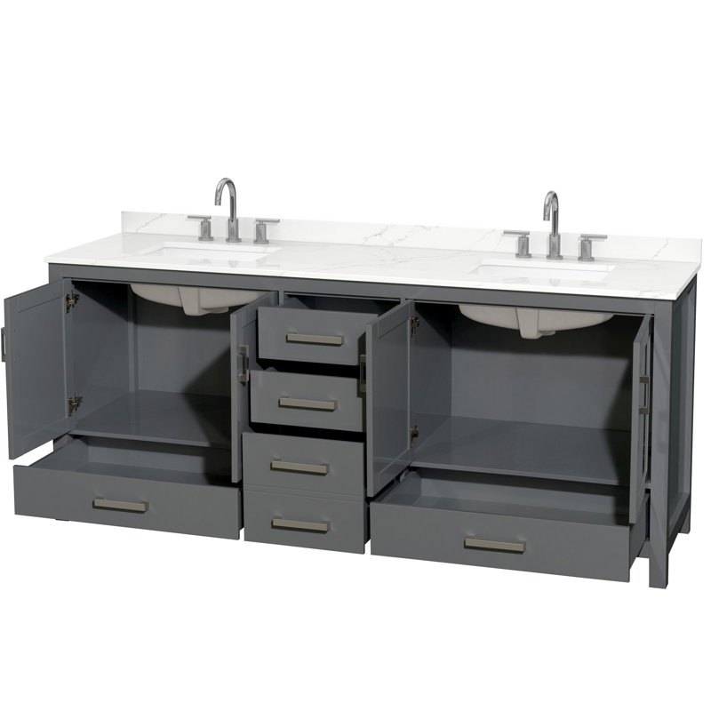 Sheffield 80" Freestanding Double Bathroom Vanity with Quartz Top, Dark Gray, Giotto Quartz
