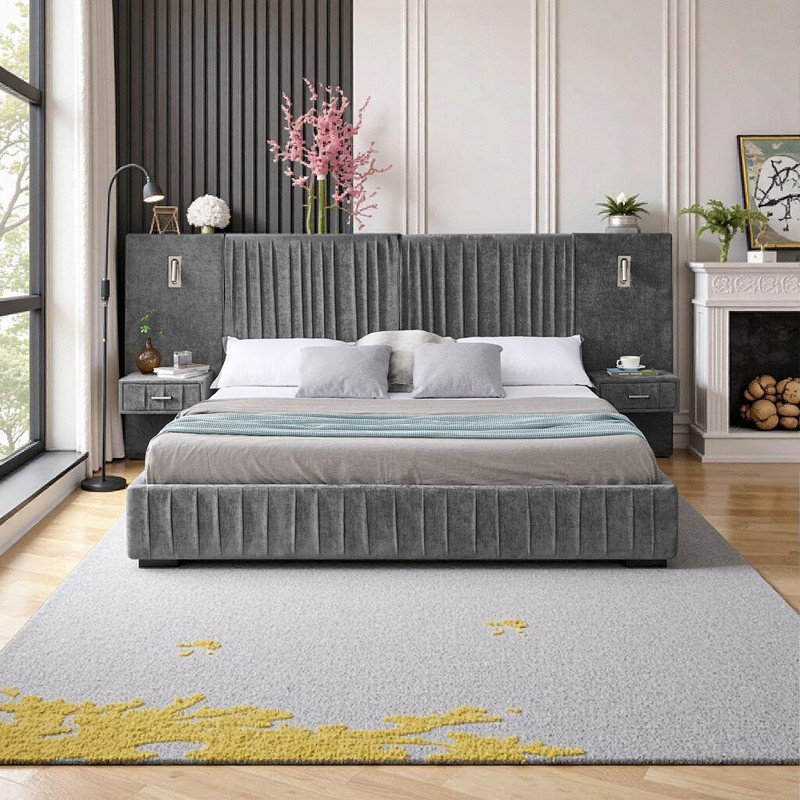 King Size Upholstered Platform Bed with Headboard, Built-in Nightstands & Adjustable Lamps, Gray