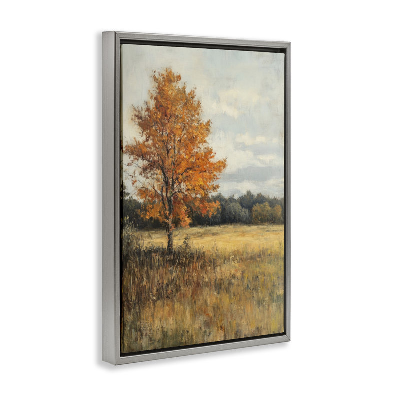 Cadre flottant paysage d'arbre orange, design par Petal Prints Design, H 31 po x l 21 po, Cadre flottant gris lustré